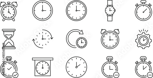 Clock and time outline icon set with alarm stopwatch timer and schedule symbols for productivity and time management design