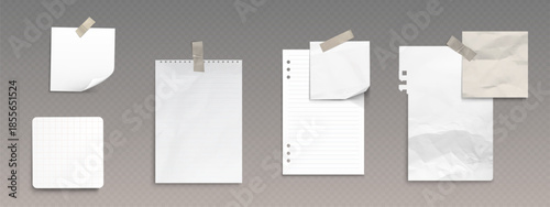Paper note collection with tape and torn edges - notebook sheets, sticky post labels and memo stickers. Vector notepad pages with adhesive strips for scrapbook, bulletin board and office design.