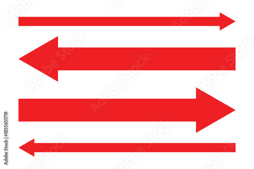Red arrows pointing both ways. Both sided right left pointing arrow. Horizontal double-headed arrow. Dual sided red arrow vector. Arrows data transfer icon.