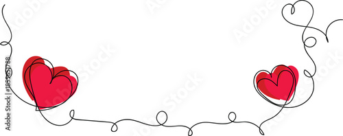 One continuous line drawing of couple hearts and love symbol. Minimalist continuous line art design with two vibrant red hearts on a white background. A charming and minimalist continuous line art ill