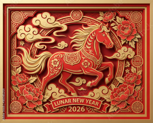 Intricate 2026 Year of the Horse paper cut art design in square frame with traditional Chinese patterns.