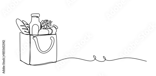 Continuous vector art line. Paper bag with food ingredients. Transparent background. editable stroke.