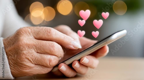 Elderly woman hands using smartphone with pink heart icons, online dating or social media concept