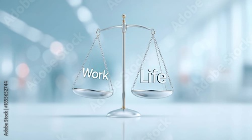 Work life balance concept with scales weighing work and life words on blurred background
