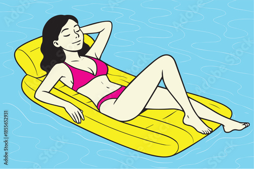 A woman unwinding on a pool mattress, embodying carefree holiday moments and blissful relaxation. A perfect touch for summer campaigns and leisure designs.