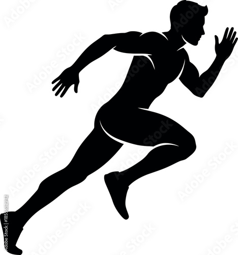A dynamic black silhouette illustration of a male runner in a sprinting pose against a clean white background, representing speed and athletic motion.