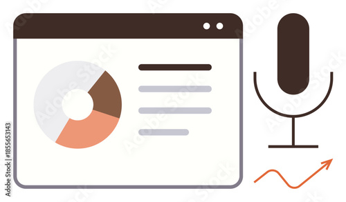 Microphone beside browser window displaying pie chart, text, and growth arrow. Ideal for podcasts, analytics, presentations, content creation, technology, marketing communication simple flat