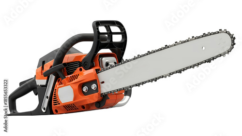 Orange chainsaw with black accents and silver blade isolated on transparent background displayed at an angle