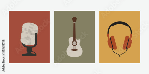 Retro Style Music Icons with Microphone, Acoustic Guitar, and Headphones Illustration