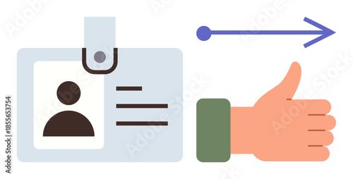 Employee ID badge next to a thumbs-up gesture and right-pointing arrow indicating approval, access, or progress. Ideal for validation, acceptance, access, identity, approval, progress team workflow