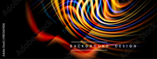 Abstract colorful lines form dynamic wave pattern. Black background emphasizes vibrant hues, modern design elements present.