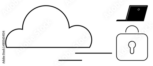 Cloud storage, data security, cybersecurity, access control, technology, digital privacy. Cloud symbol with lock and laptop. Cloud storage and data security concepts