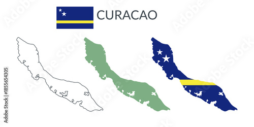 Curacao geographical borders isolated on white background. Flag of Curacao. Vector flat cliparts.
