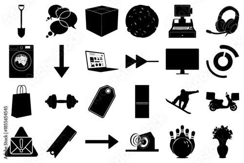 Collection of Black and White Icons Representing Various Objects and Activities Keywords: shovel