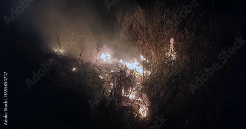 Close up of flames consuming plastic and grass at night.