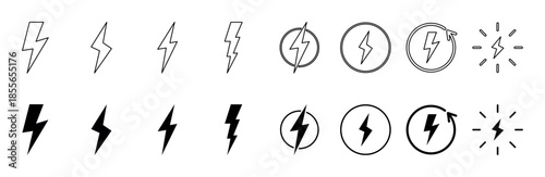 Lightning bolt icon set, power and energy symbols in outline and solid style.