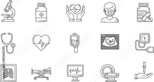 Medical healthcare icons set, hospital equipment, doctor tools, patient care, cardiology, d
