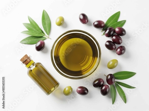 Bowl with jojoba oil and seeds on white background, top view