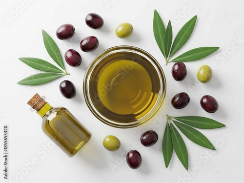 Bowl with jojoba oil and seeds on white background, top view