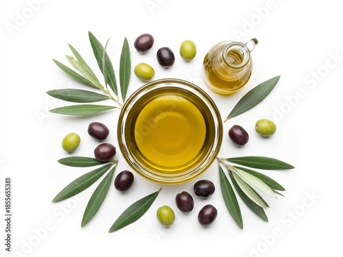 Bowl with jojoba oil and seeds on white background, top view
