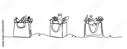 Continuous vector art line. Paper bag with food ingredients. Transparent background. editable stroke.