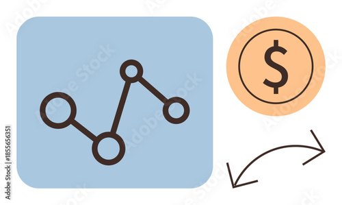 Line chart with interconnected nodes and dollar sign coin, flow arrow. Ideal for economy, investment, analytics, profit, business management, finance economic strategy. Simple flat metaphor