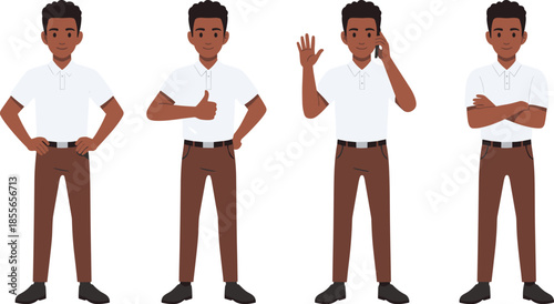 African American male character set, flat vector illustration, standing man poses, casual outfit, business style, gestures collection, isolated white background, modern cartoon design, concept