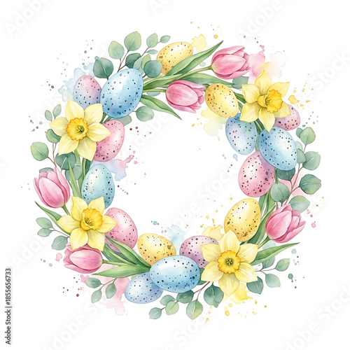 AI GENERATED: Watercolor painting of a delicate Easter spring wreath with speckled eggs, tulips, daffodils and eucalyptus on white background