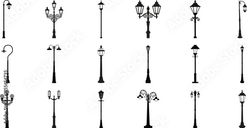 Streetlights silhouettes. Outdoor lighting lamp posts, street light poles and park illumination. Vintage lanterns and modern streetlights shapes vector set , TRANSPARENT BACKGROUND