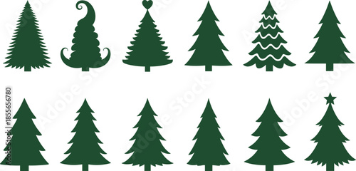 Christmas tree vector set, evergreen pine silhouettes collection, holiday winter forest icons, minimal flat design, isolated on white background, for modern festive branding projects