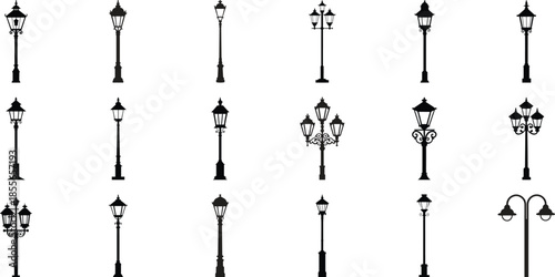 collection of Street lamp post silhouette vector on TRANSPARENT BACKGROUND