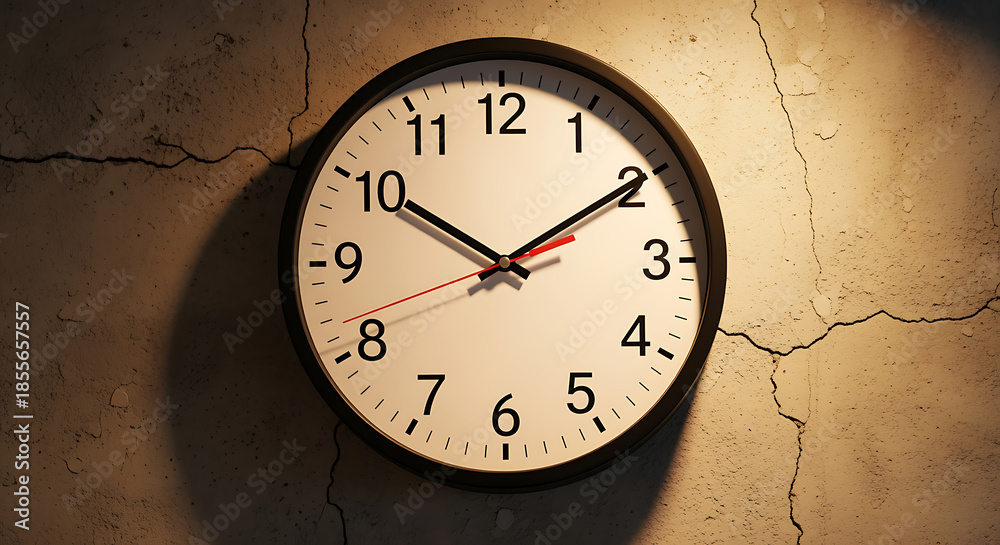 custom made wallpaper toronto digitalRound wall clock with black hands showing 1009 on cracked concrete time