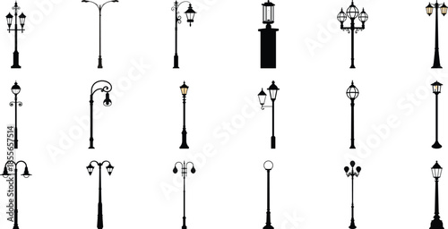 Streetlights silhouettes. Outdoor lighting lamp posts, street light poles and park illumination. Vintage lanterns and modern streetlights shapes vector set , TRANSPARENT BACKGROUND