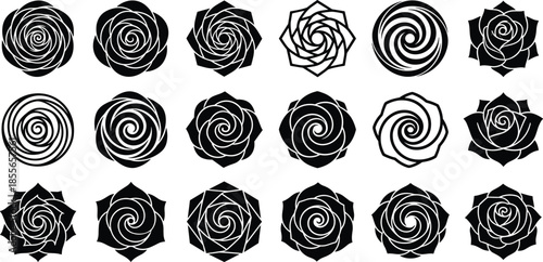 Abstract rose spiral icons collection, floral swirl symbols, modern geometric flower silhouettes, black vector design elements set for branding projects