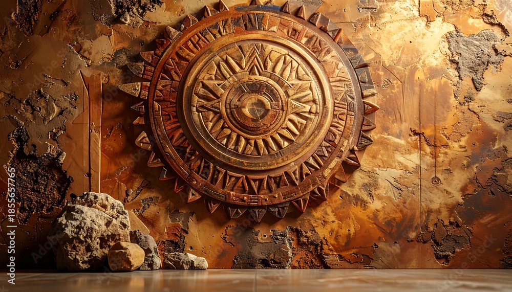 Obraz premium Intricate tribal art composition on textured earth-toned surface, bold geometric motifs, natural pigments, balanced symmetry, soft directional lighting, 