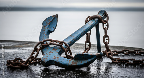 Rusty chain on weathered blue anchor by water