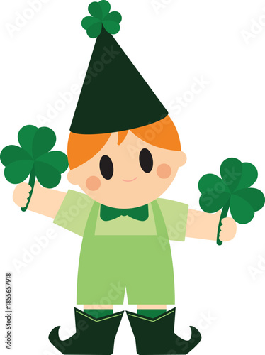 Cute Cartoon Leprechaun Holding Shamrocks for St. Patrick's Day