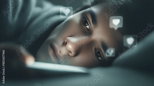 Sad teenage boy lying in bed at night using smartphone with heart icons, social media addiction and loneliness concept