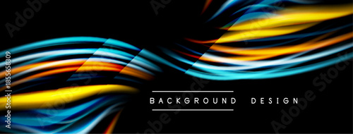 Abstract colorful lines flow across black background. Dynamic waves create modern visual effect. Bright hues contrast dark space.