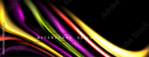 Abstract colorful waves, dynamic curves, flowing lines. Dark background emphasizes vibrant hues, modern design element.