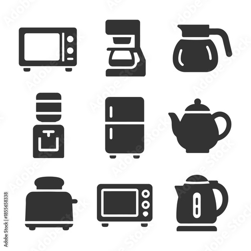 Kitchen appliances: microwave, coffee maker, toaster, kettle, fridge icons.