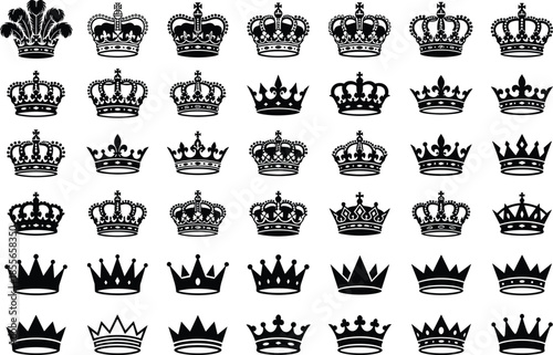 Royal crown silhouette collection, vintage monarchy headwear symbols, king queen imperial crowns, black vector icons set for luxury branding