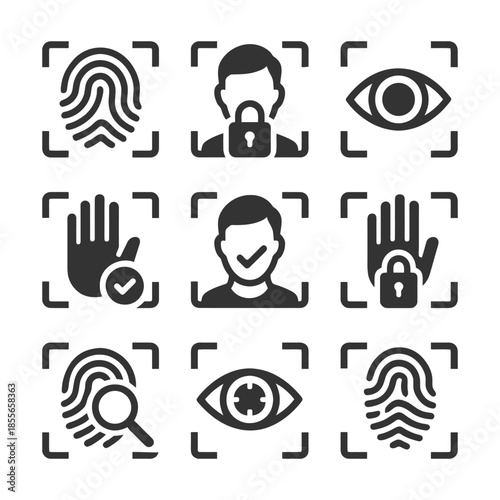 Biometric security icons: fingerprint, face id, eye scan illustrations in black and white.