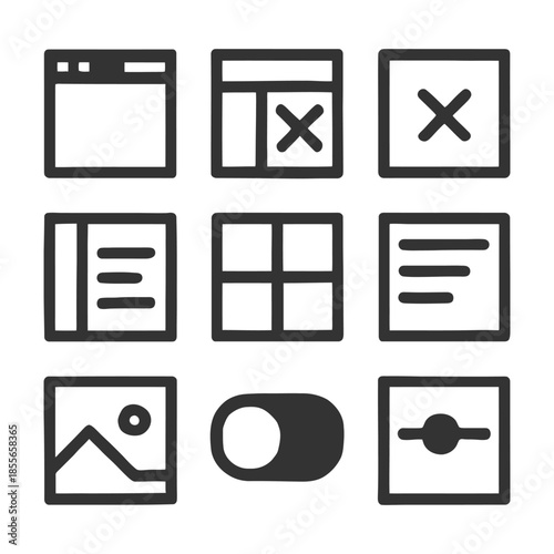 Minimalist interface icons for ui design and navigation elements.