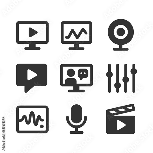 Set of nine multimedia icons including audio video and communication symbols.