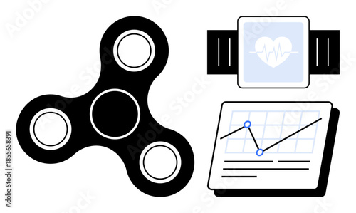 Black fidget spinner, heart rate fitness tracker, and data graph showing progress trends. Ideal for health, relaxation, wellness, data analysis, fitness, lifestyle mindfulness simple flat metaphor