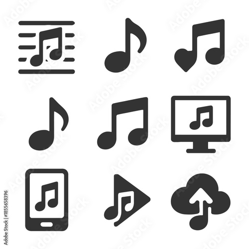 Digital music icons set: notes, devices, cloud, symbols for audio platforms.