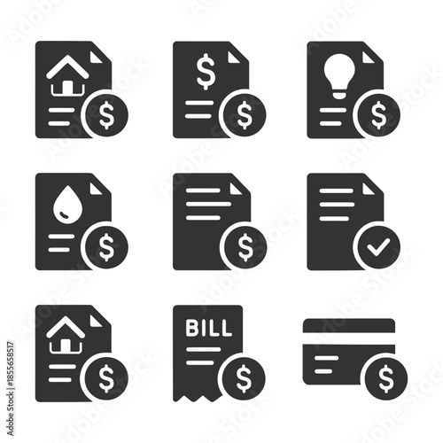 Utility and payment icon set: bills, power, water, credit card symbols.