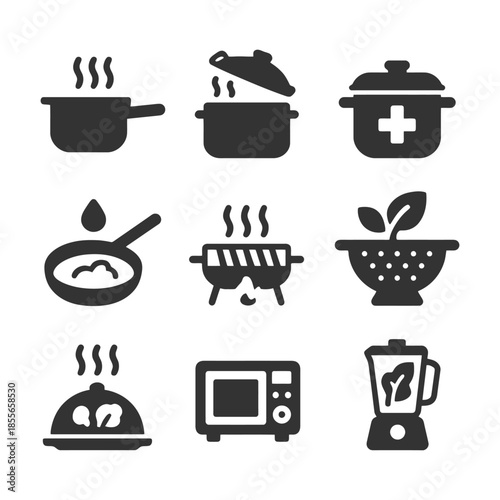 Cooking utensil icons set: pot, pan, grill, blender, microwave.