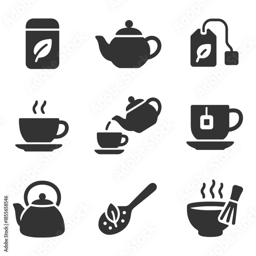 Tea icon set: teapot, cup, tea bag, spoon, brewing symbols.